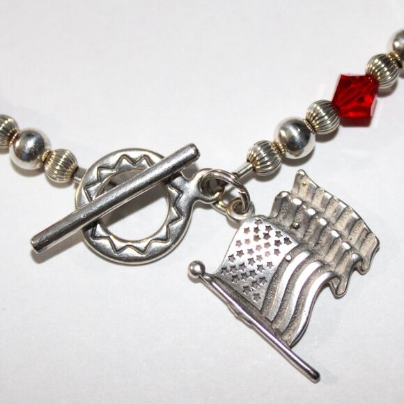 Sterling Silver Handmade USA Fourth of July Beaded Bracelet - Picture 3 of 6